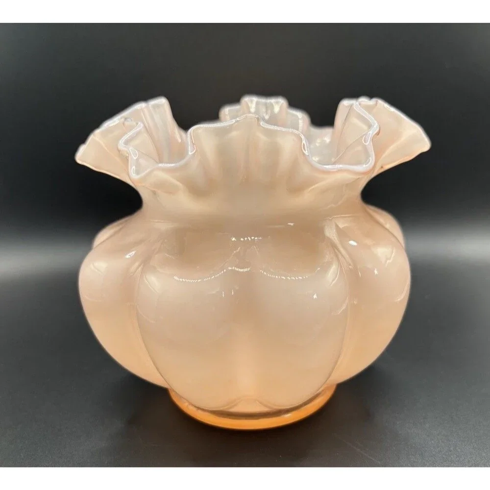 Vintage Fenton Peach Pink Double Crimped Cased Glass Melon Overlay Bowl Vase 6”